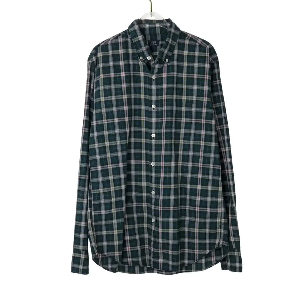 J.Crew Heathered Cotton Green Plaid Button Down Shirt Medium Men's